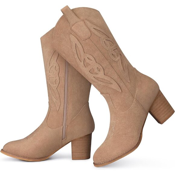 Women 1828-khaki Suede leather Embroidered Country Heel Pointed Toe Booties - Picture 6 of 6